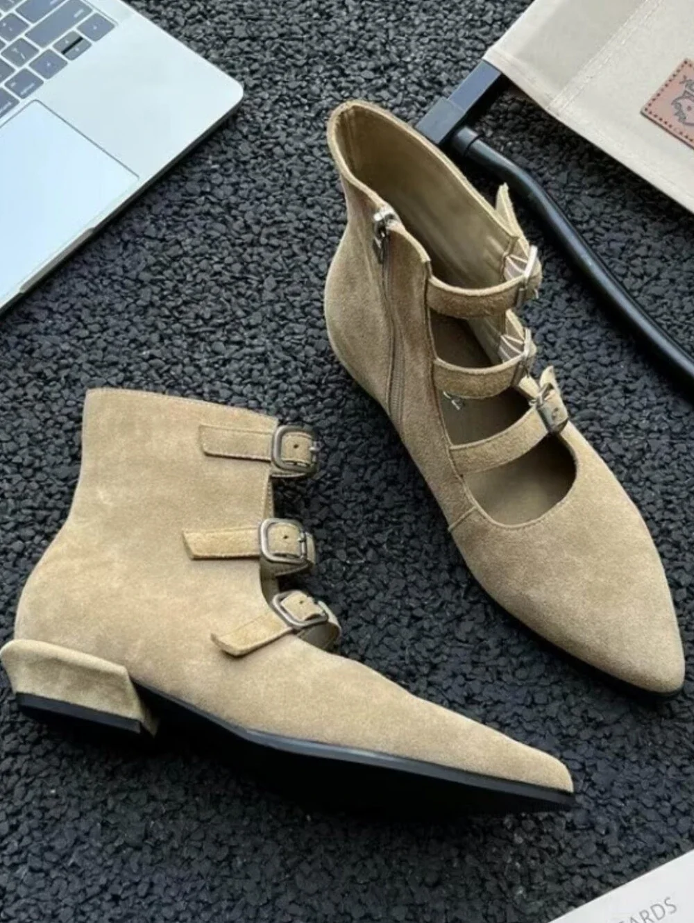 Retro Western Buckle Strap Ankle Booties| Women's Pointed Toe Low Heel Shoes wit